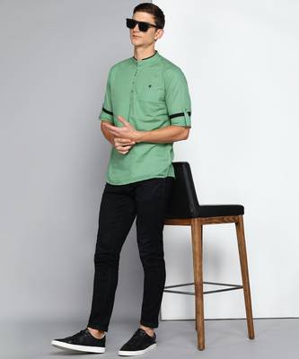 men's fresh green linen cotton short kurta 4