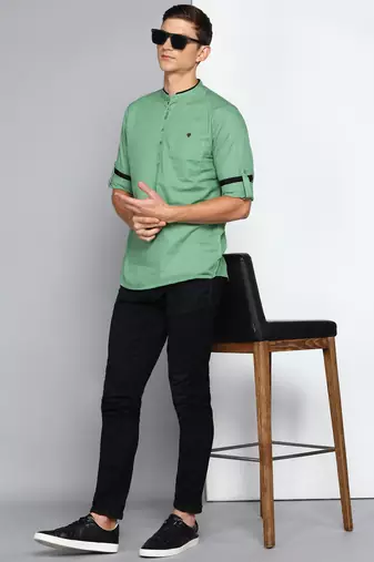 men's fresh green linen cotton short kurta
