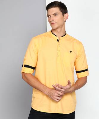 men's peach linen cotton short kurta 1