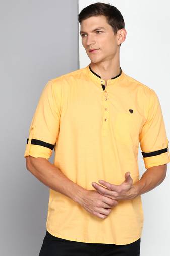 men's peach linen cotton short kurta