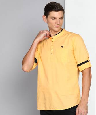 men's peach linen cotton short kurta 3