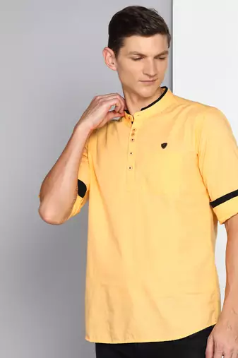 men's peach linen cotton short kurta