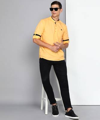 men's peach linen cotton short kurta 4