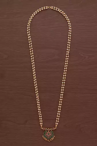 Pearl necklace LONG with green pendant one gram gold