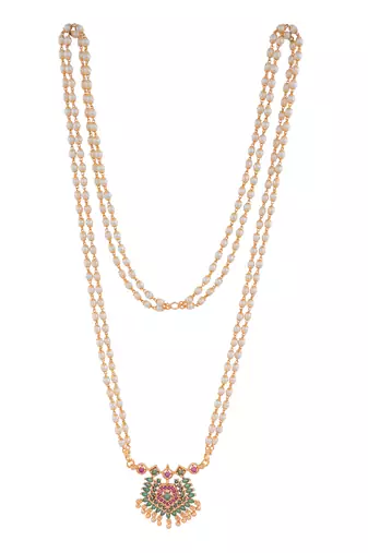 Pearl necklace LONG with green pendant one gram gold