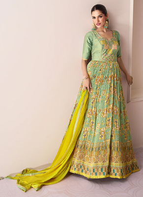 Green embroidery georgette semi-sttich anarkali with dupatta 1