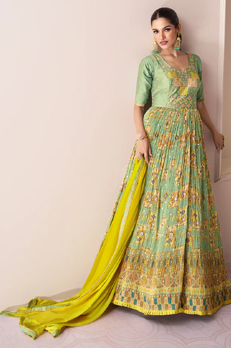 Green embroidery georgette semi-sttich anarkali with dupatta