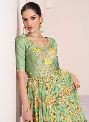 Green embroidery georgette semi-sttich anarkali with dupatta 2