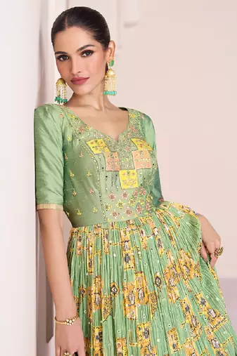 Green embroidery georgette semi-sttich anarkali with dupatta