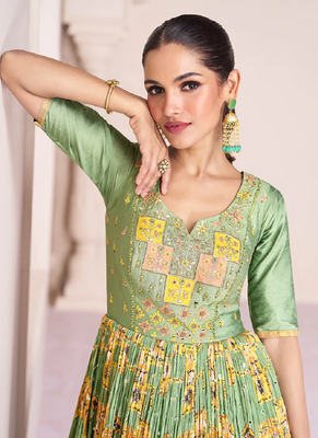 Green embroidery georgette semi-sttich anarkali with dupatta 3