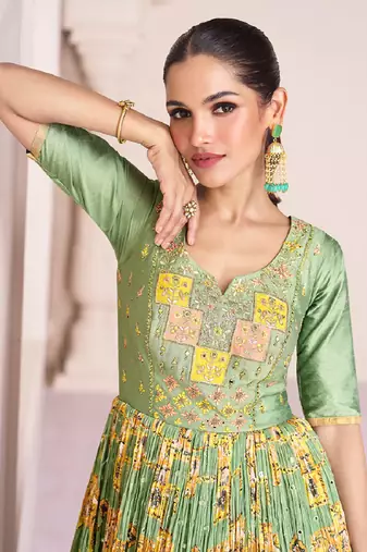 Green embroidery georgette semi-sttich anarkali with dupatta