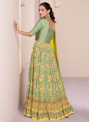 Green embroidery georgette semi-sttich anarkali with dupatta 4