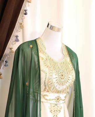 Green & White Handcrafted Zari work Stitched Dress Georgette Kaftan Party Wear Wedding Dresses	 2