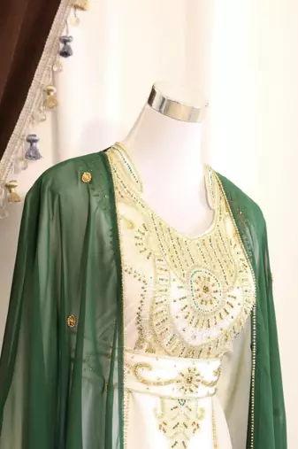 Green & White Handcrafted Zari work Stitched Dress Georgette Kaftan Party Wear Wedding Dresses	