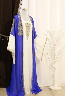 Royal-Blue & White Handcrafted Zari work Stitched Dress Georgette Kaftan Party Wear Wedding Dresses	 1