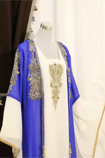 Royal-Blue & White Handcrafted Zari work Stitched Dress Georgette Kaftan Party Wear Wedding Dresses	