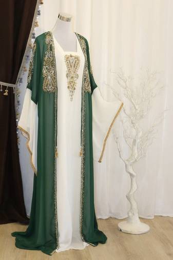 Green & White Handcrafted Zari work Stitched Dress Georgette Kaftan Party Wear Wedding Dresses