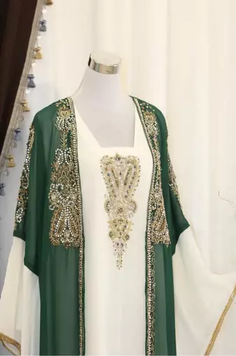 Green & White Handcrafted Zari work Stitched Dress Georgette Kaftan Party Wear Wedding Dresses