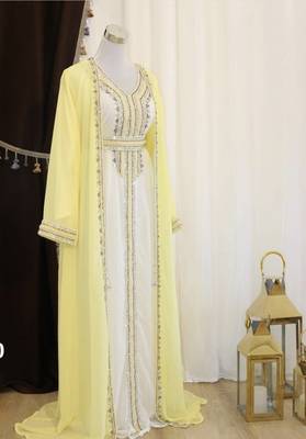Yellow & White Handcrafted Party Wear Kaftan Dress for Women 1