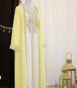 Yellow & White Handcrafted Party Wear Kaftan Dress for Women