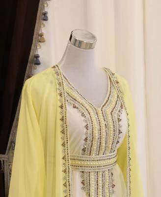 Yellow & White Handcrafted Party Wear Kaftan Dress for Women 2