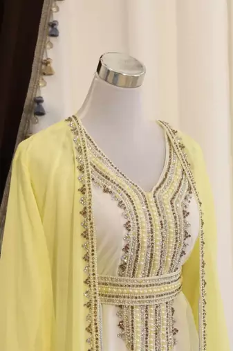 Yellow & White Handcrafted Party Wear Kaftan Dress for Women