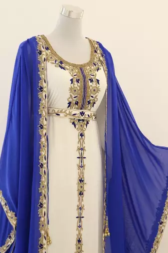 Royal-Blue & White Handcrafted Zari work Stitched Dress Georgette Kaftan Party Wear Wedding Dresses