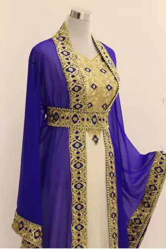 Blue & White Handcrafted Zari work Stitched Dress Georgette Kaftan Party Wear Wedding Dresses	
