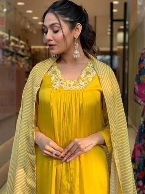 Yellow Embroidered solid Chanderi fabric Kurta Pant and Printed Dupatta set 2