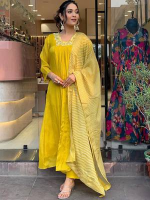 Yellow Embroidered solid Chanderi fabric Kurta Pant and Printed Dupatta set 1