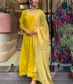 Yellow Embroidered solid Chanderi fabric Kurta Pant and Printed Dupatta set