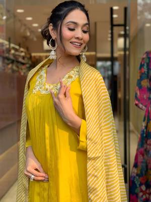 Yellow Embroidered solid Chanderi fabric Kurta Pant and Printed Dupatta set 3