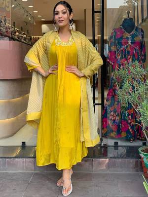 Yellow Embroidered solid Chanderi fabric Kurta Pant and Printed Dupatta set 4