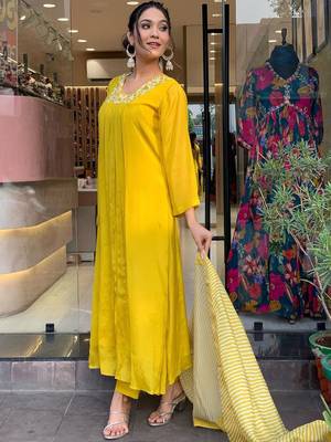 Yellow Embroidered solid Chanderi fabric Kurta Pant and Printed Dupatta set 5