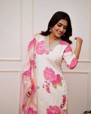 White Muslin Fabric Printed and Embroidered work Straight cut Kurta Pant and Dupatta Set 2