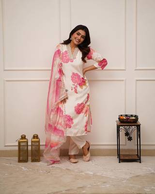 White Muslin Fabric Printed and Embroidered work Straight cut Kurta Pant and Dupatta Set 3