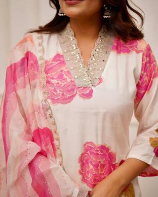 White Muslin Fabric Printed and Embroidered work Straight cut Kurta Pant and Dupatta Set 4