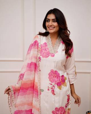 White Muslin Fabric Printed and Embroidered work Straight cut Kurta Pant and Dupatta Set 5
