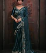 Women'S Sequence Zari Resham Embroidered Teal Blue Satin Silk Saree Sari With Blouse Piece