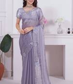 Women'S Sequence Zari Resham Embroidered Lavender Satin Silk Saree With Blouse Piece