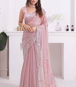 Women'S Sequence Zari Resham Embroidered Pink Satin Silk Saree With Blouse Piece