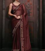 Women'S Sequence Zari Resham Embroidered Maroon Satin Silk Saree Sari With Blouse Piece