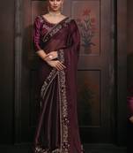 Women'S Sequence Zari Resham Embroidered Purple Satin Silk Saree Sari With Blouse Piece
