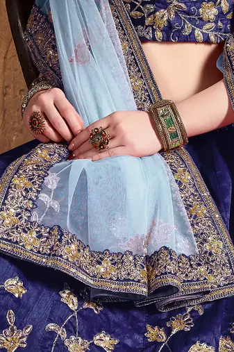 navy blue embroidered silk wedding bridal heavy lehenga set choli with dupatta for women