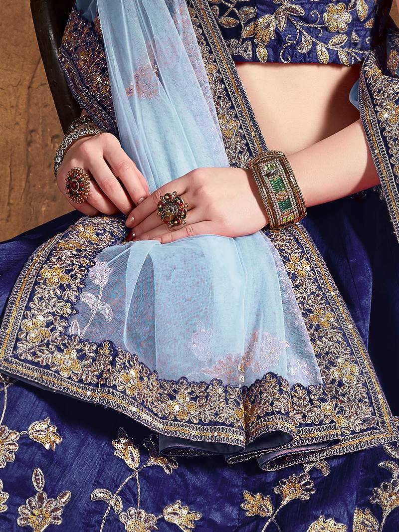 Navy Blue Embroidered Silk Semi Stitched Wedding Bridal Heavy Lehenga Choli For Women
