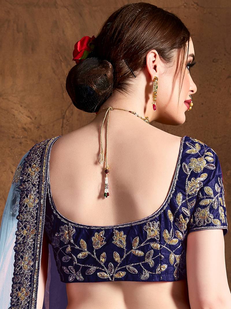 Navy Blue Embroidered Silk Semi Stitched Wedding Bridal Heavy Lehenga Choli For Women