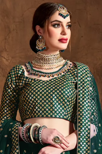 Beautiful Green Embroidered Art Silk Wedding Designer Lehenga Choli For Women