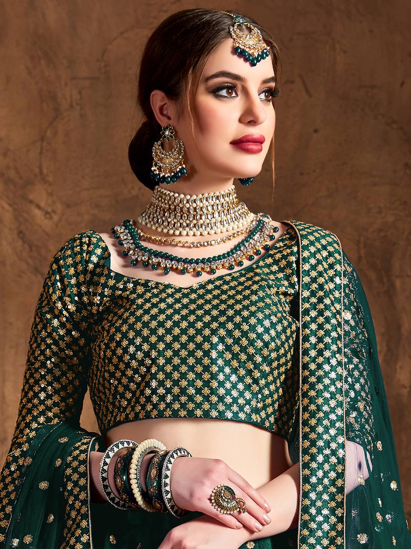 Beautiful Green Embroidered Art Silk Wedding Designer Lehenga Choli For Women