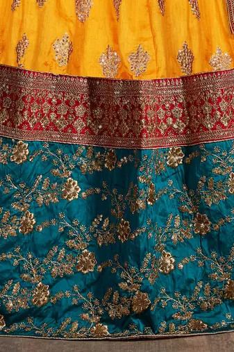 yellow and green embroidered art silk wedding lehenga set choli with dupatta for women