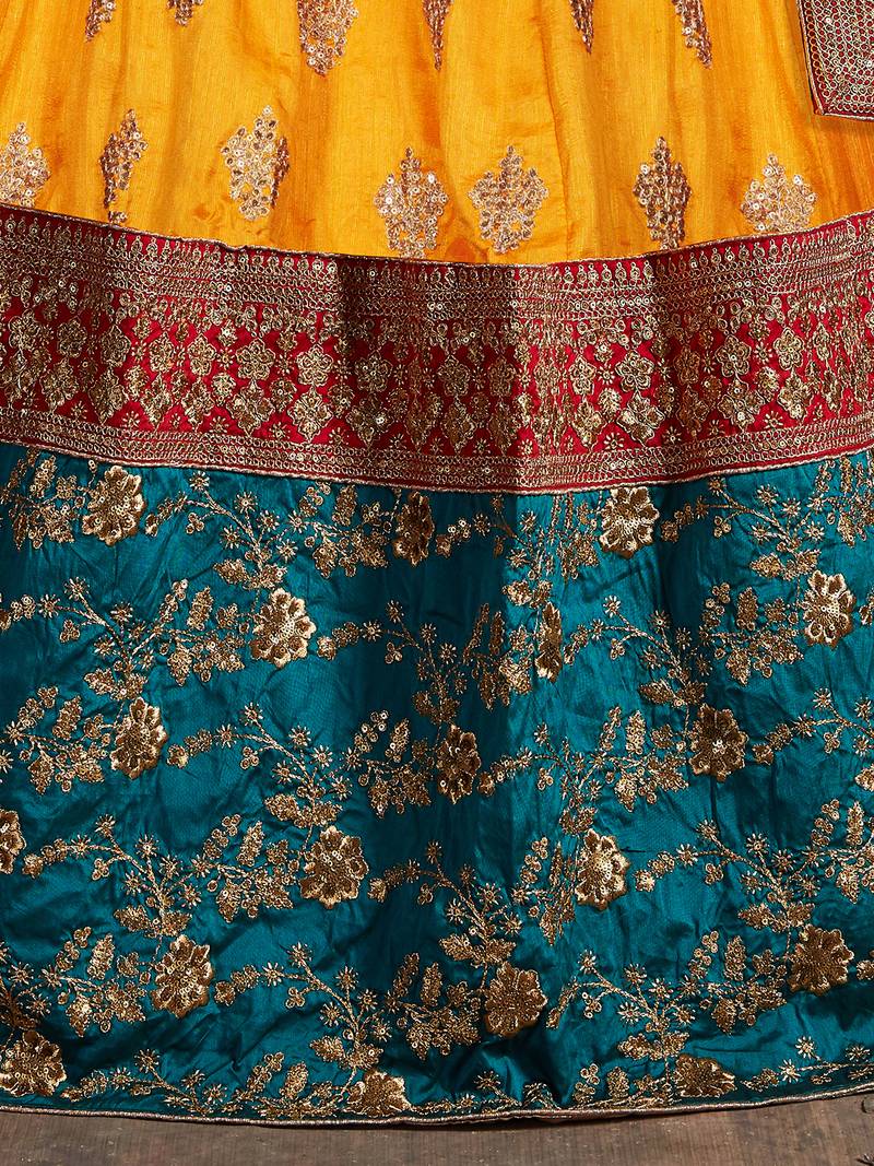 Yellow And Green Embroidered Art Silk Wedding Designer Lehenga Choli For Women